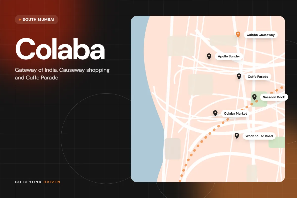 Map of Colaba and Cuffe Parade showing Colaba Causeway, Apollo Bunder, Cuffe Parade, Sassoon Dock