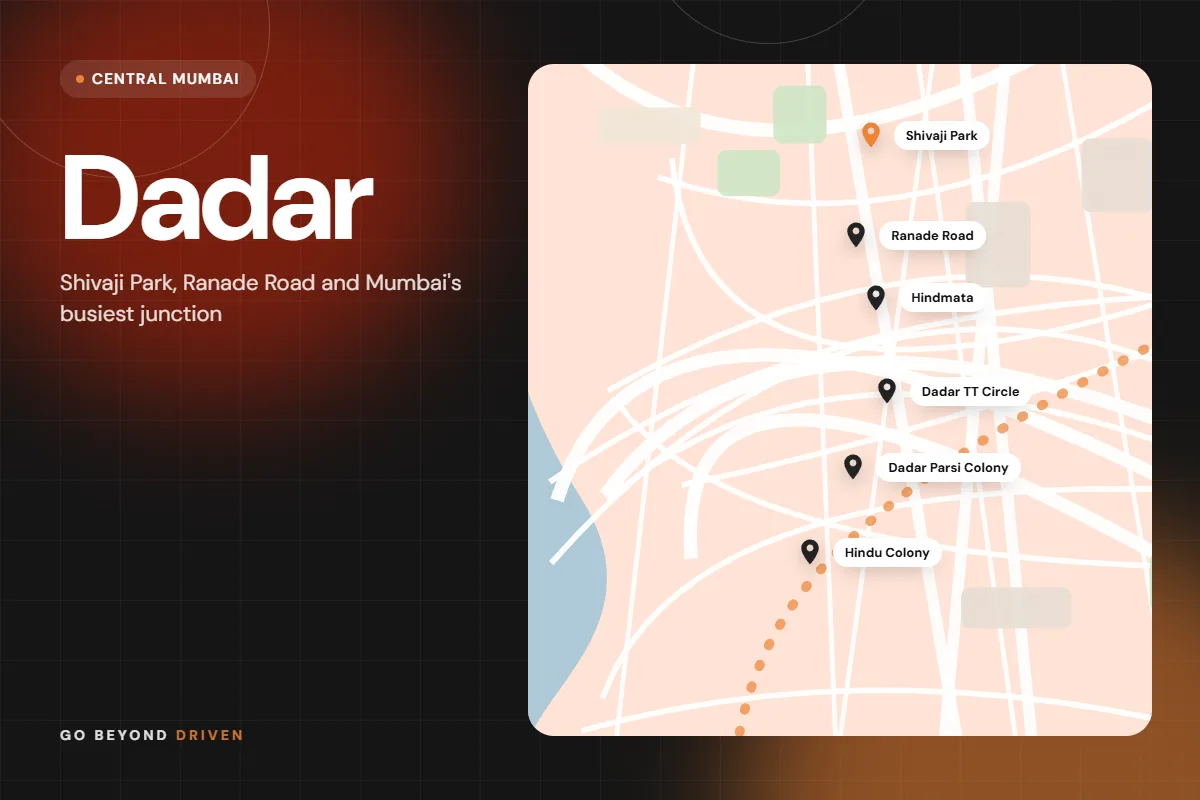 Map of Dadar East and West showing Shivaji Park, Ranade Road, Hindmata, Dadar TT Circle