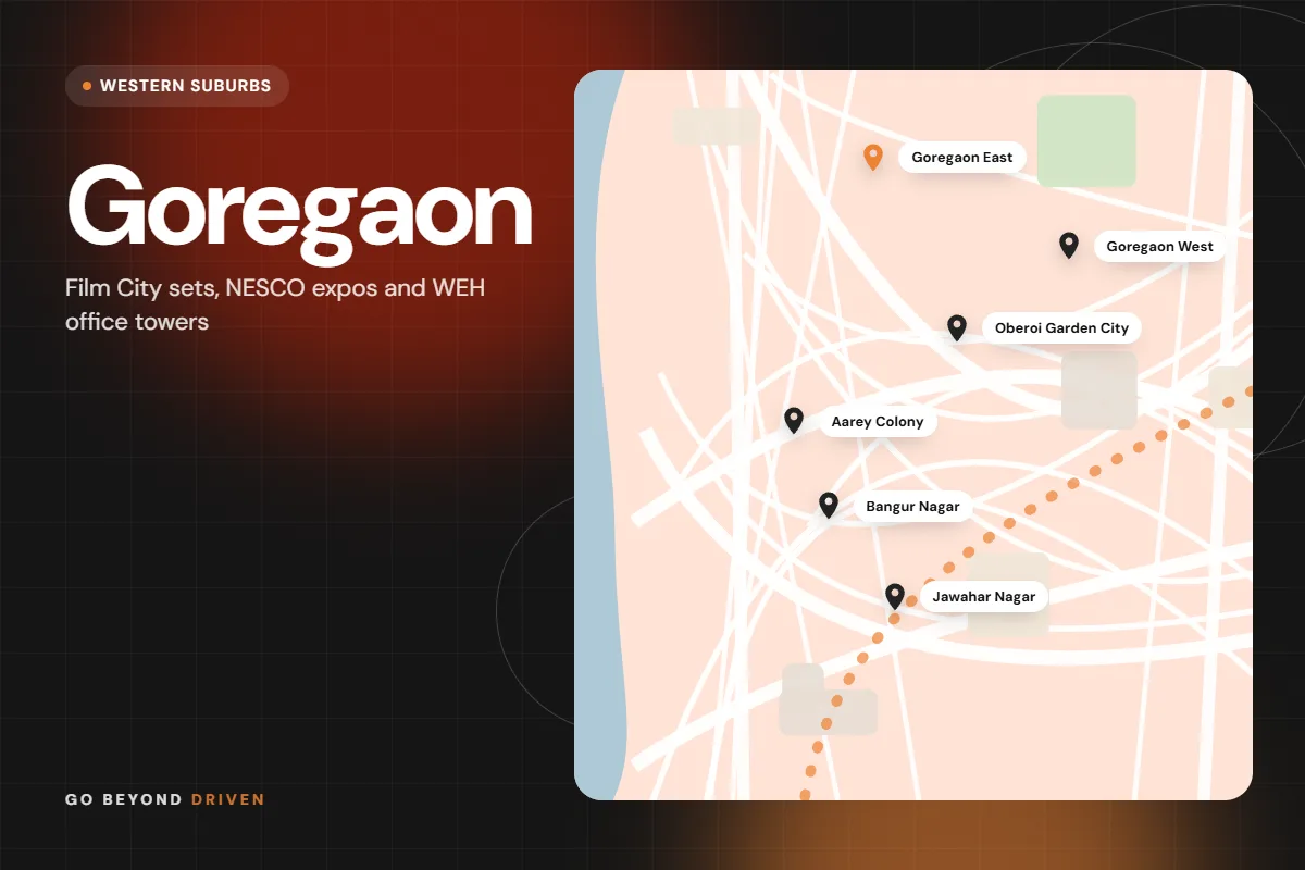 Map of Goregaon East and West showing Goregaon East, Goregaon West, Oberoi Garden City, Aarey Colony