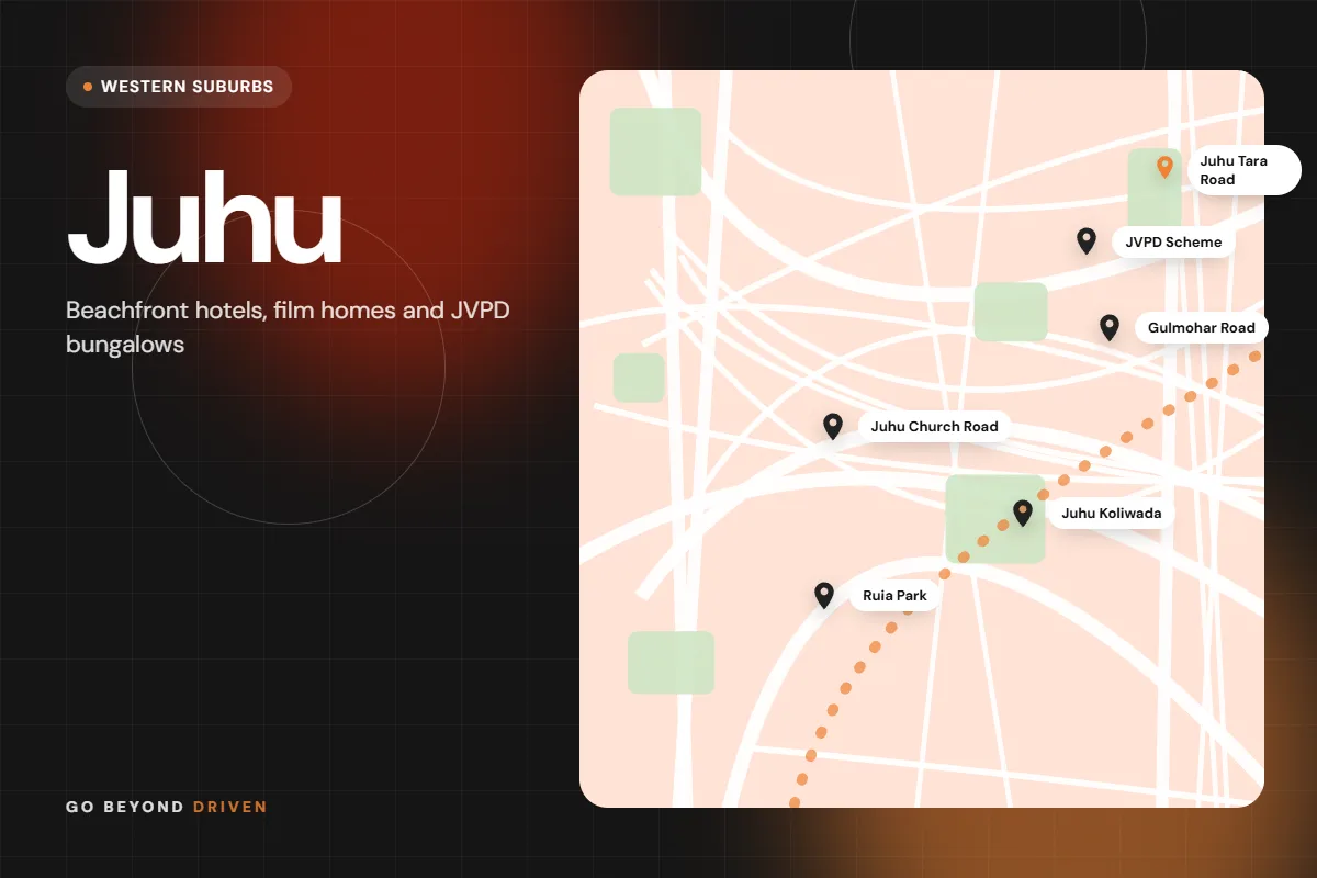 Map of Juhu and JVPD Scheme showing Juhu Tara Road, JVPD Scheme, Gulmohar Road, Juhu Church Road