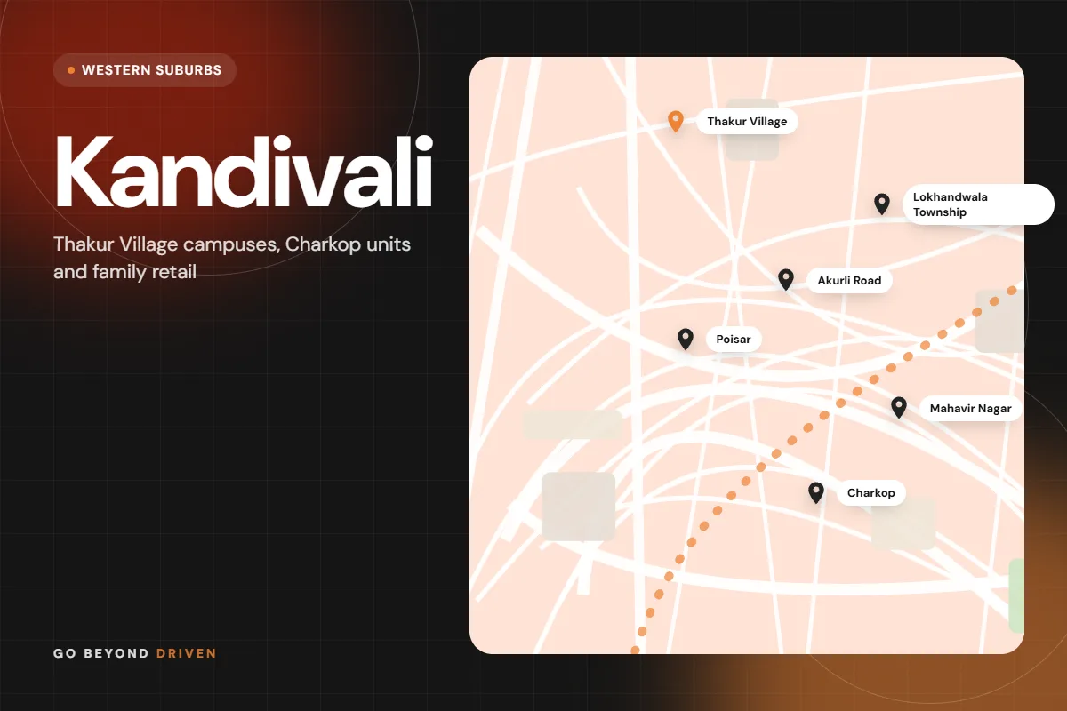 Map of Kandivali East and West showing Thakur Village, Lokhandwala Township, Akurli Road, Poisar