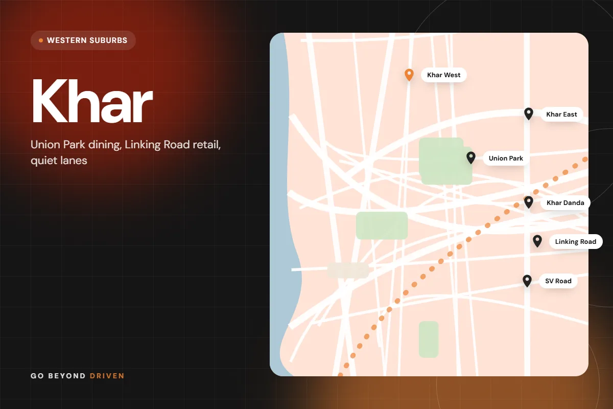 Map of Khar West and Khar East showing Khar West, Khar East, Union Park, Khar Danda