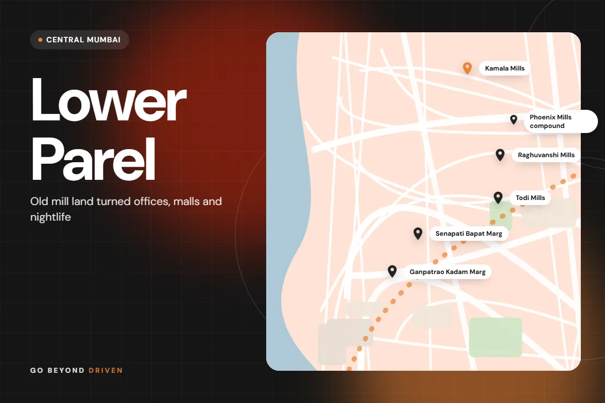 Map of Lower Parel and the mill district showing Kamala Mills, Phoenix Mills compound, Raghuvanshi Mills, Todi Mills