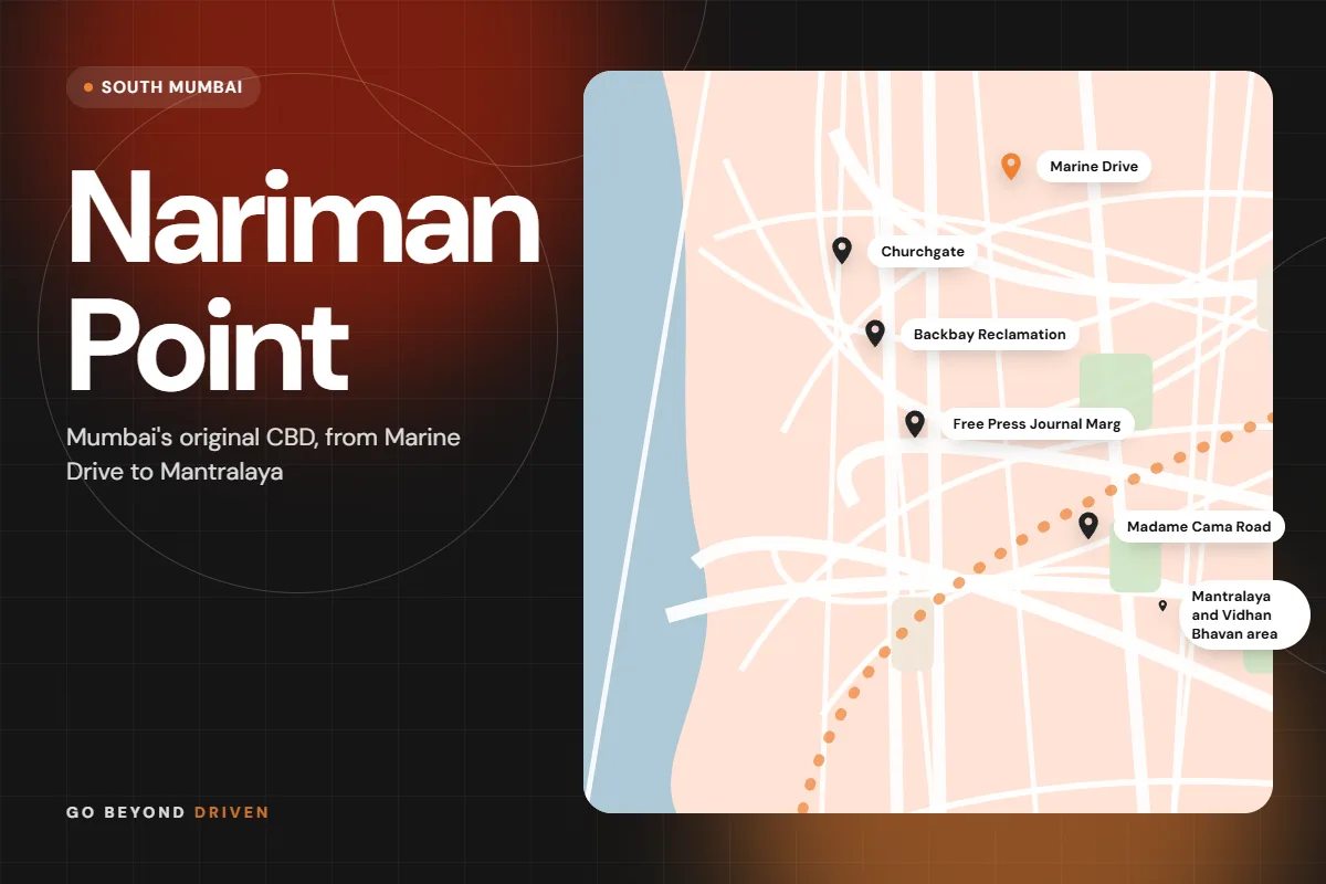 Map of Nariman Point, Marine Drive and Churchgate showing Marine Drive, Churchgate, Backbay Reclamation, Free Press Journal Marg