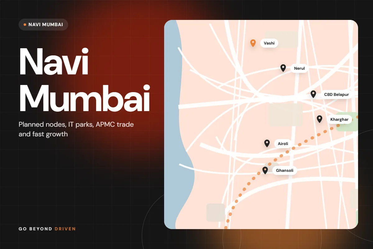 Map of Navi Mumbai, from Airoli and Vashi to Belapur and Kharghar showing Vashi, Nerul, CBD Belapur, Kharghar