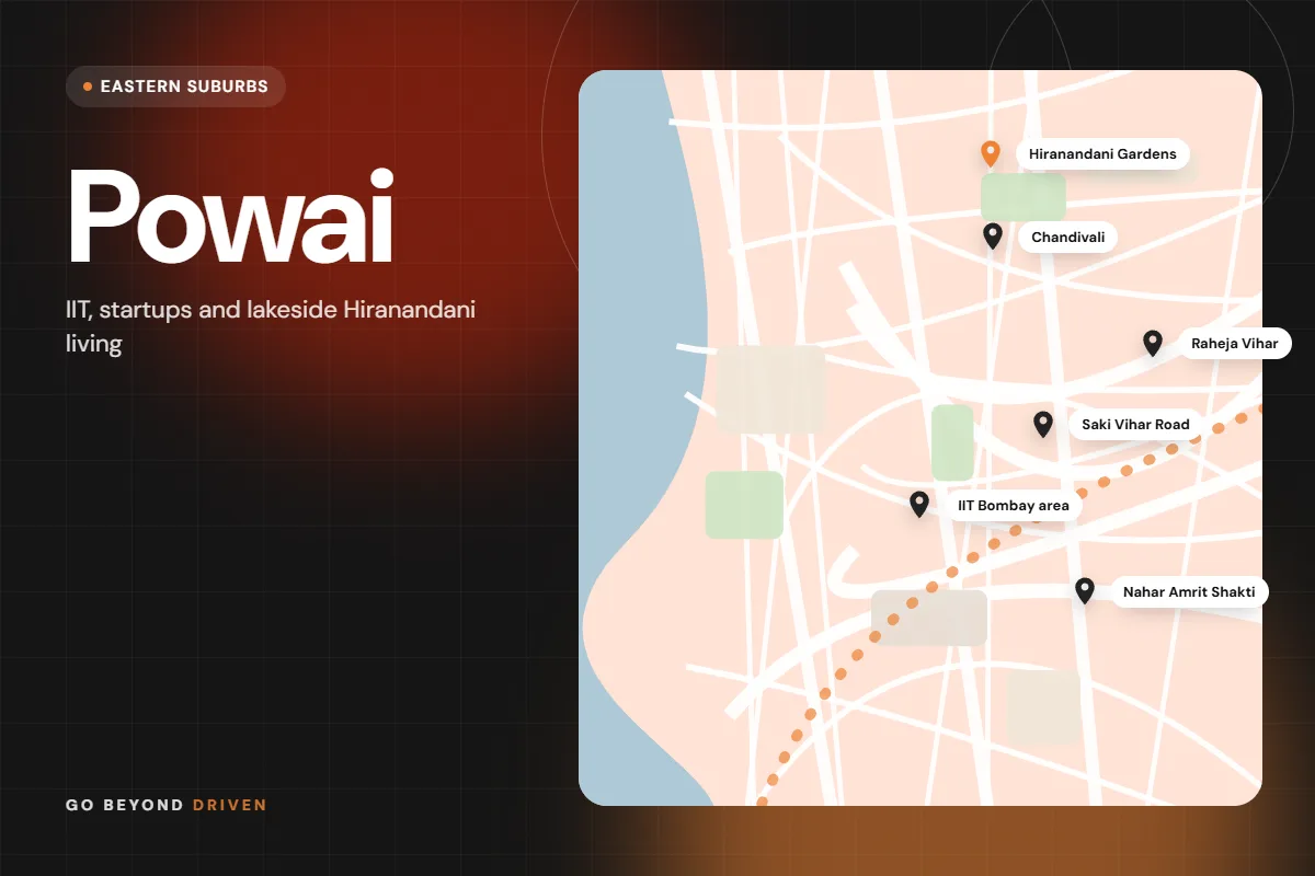 Map of Powai and Hiranandani Gardens showing Hiranandani Gardens, Chandivali, Raheja Vihar, Saki Vihar Road