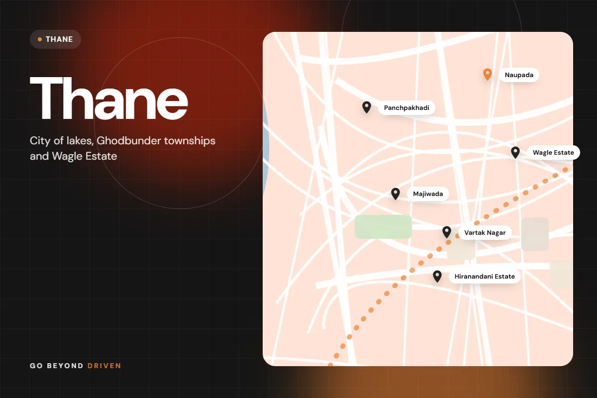 Map of Thane West, Thane East and Ghodbunder Road showing Naupada, Panchpakhadi, Wagle Estate, Majiwada