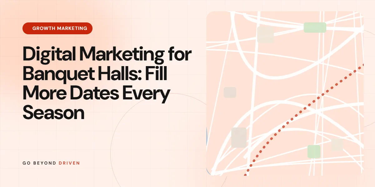 Digital marketing for banquet halls shown through a decorated wedding hall and booking enquiries