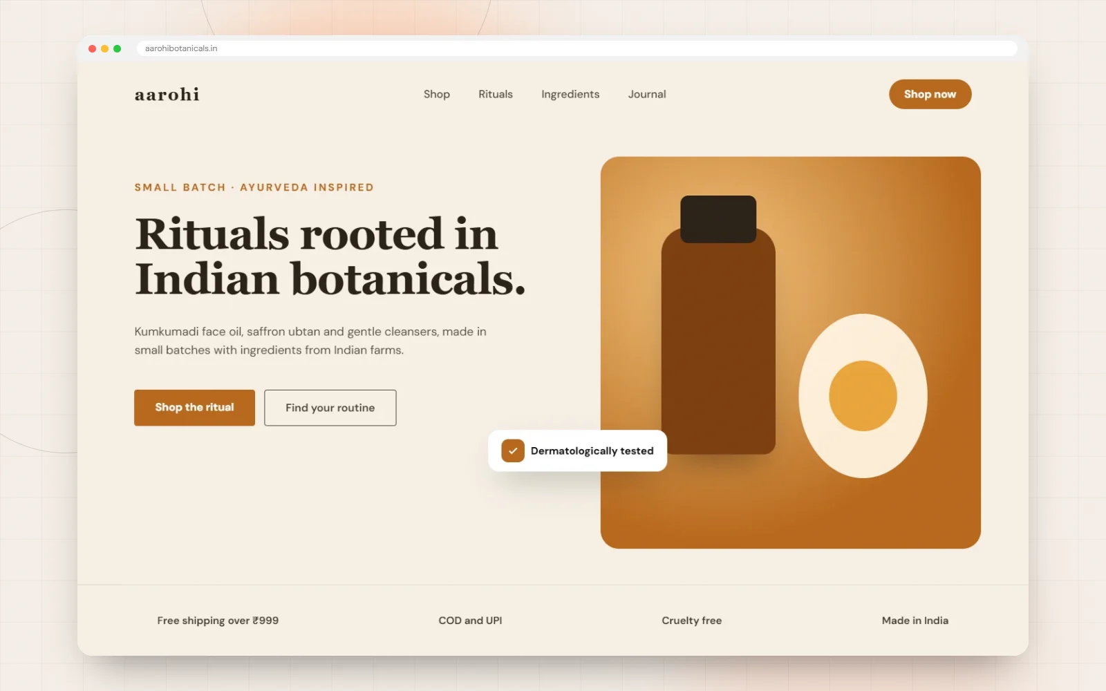 Aarohi Botanicals desktop website design
