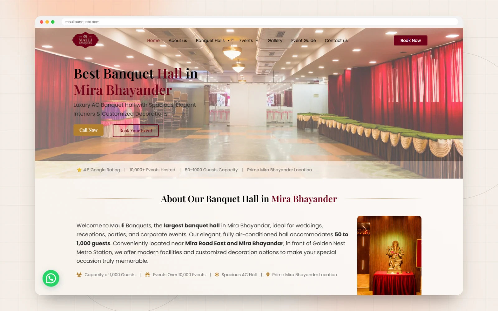 Mauli Banquets desktop website design